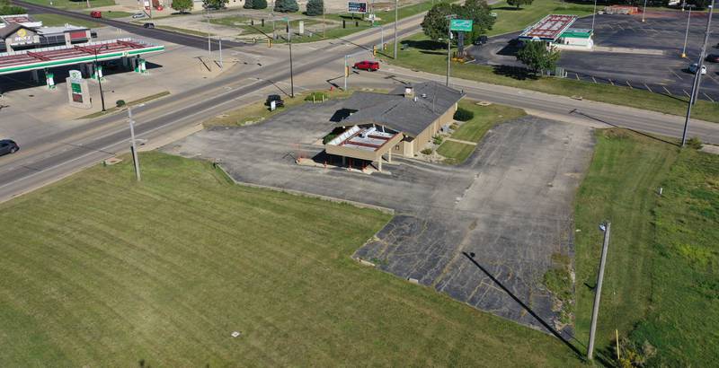 An aerial view of the former Midland Bank on the corner of Backbone and Main Street on Tuesday, Sept. 3, 2024 in Princeton. The Princeton City Council meet to discuss an ordinance approving the final plat of Michael's Plaza Subdivision with a proposal for Aldi's and Starbucks. Starbucks expects to break ground in the next 30 days with Aldi's slated for Spring of 2025.