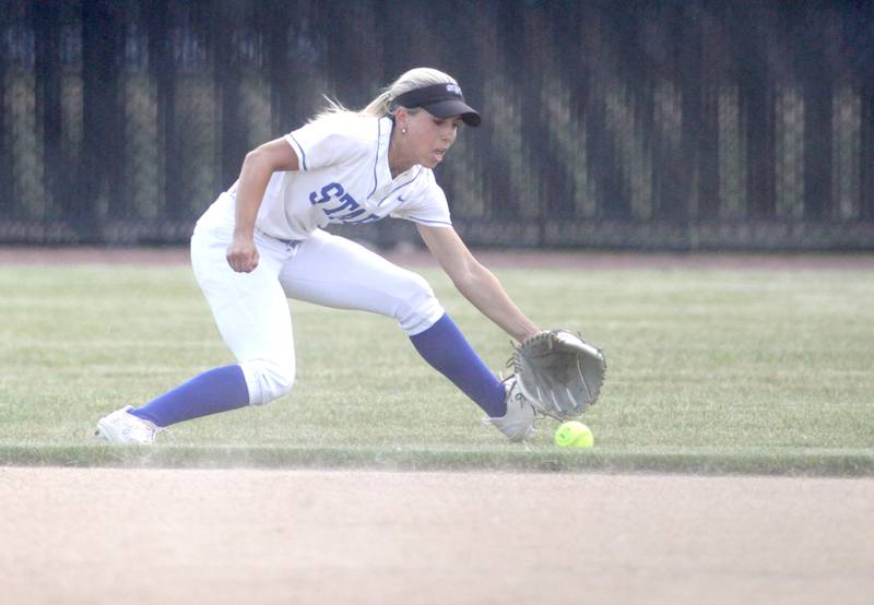 St. Charles North’s Leigh VandeHei grabs a ground ball during a Class 4A St. Charles North Sectional semifinal against Fremd on Tuesday, May 30, 2023.