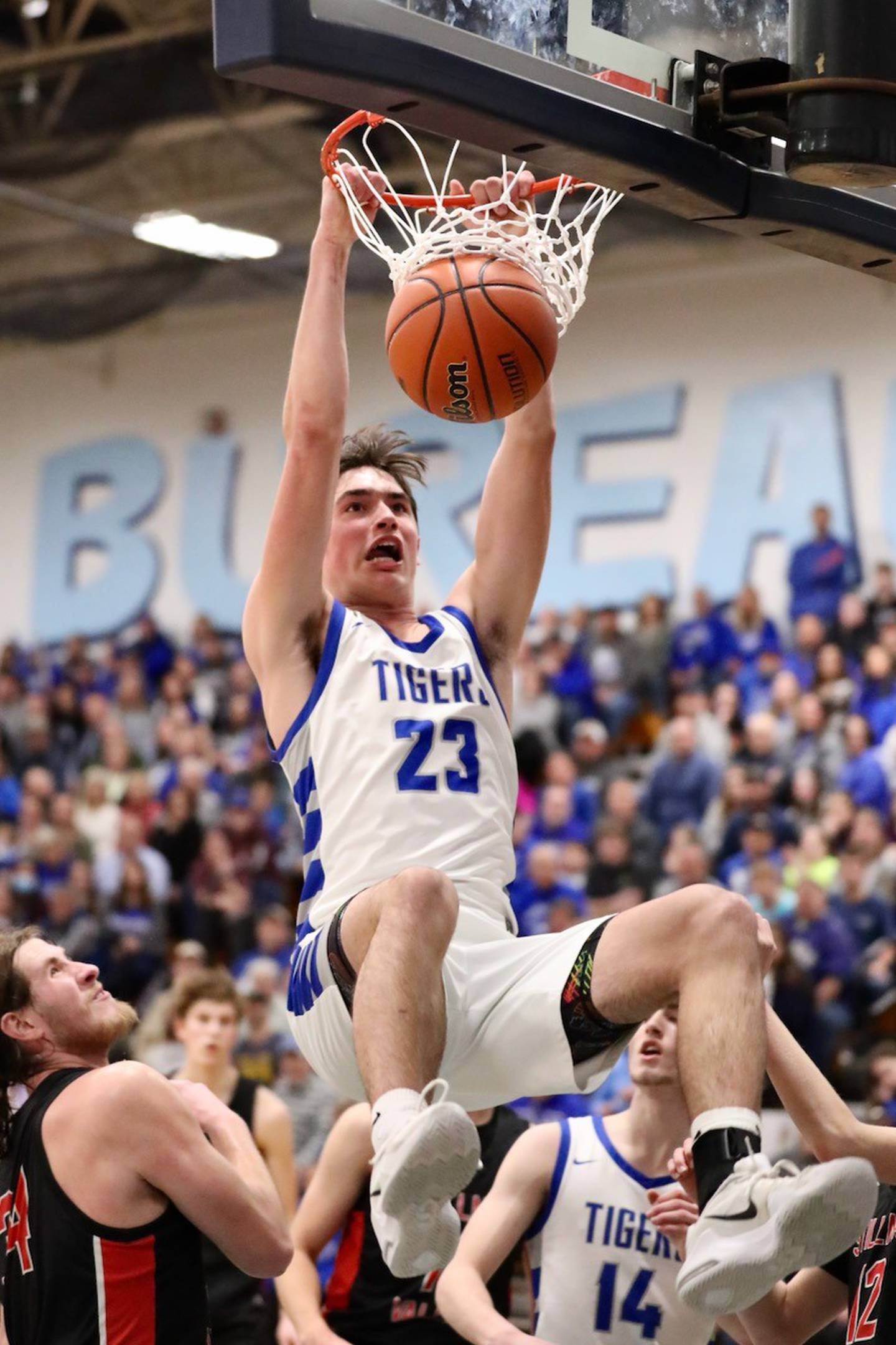 Princeton sophomore Noah LaPorte throws down a dunk in the third quarter of Friday's regional championship game at the Storm Cellar. The Tigers defeated Stillman Valley, 68-37, to repeat as regional champions.