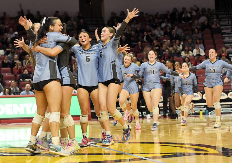 Willowbrook reacts to their win against Barrington in the Class 4A girls volleyball state third-place match at Illinois State University in Normal on Saturday, October 11, 2023.