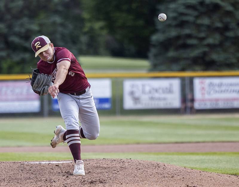 Morris’ Cody Delfavero fires a pitch against Sycamore Monday, June 3, 2024 in the Class 3A Geneseo supersectional.