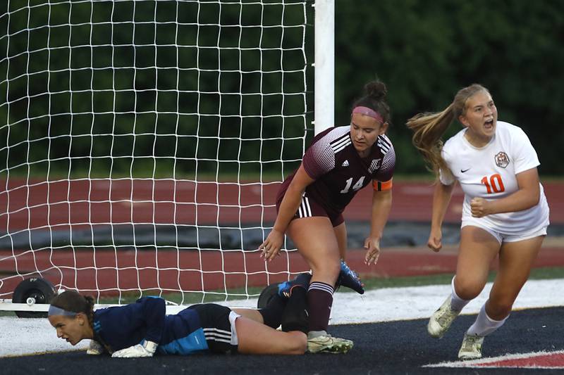 Crystal Lake Central's Brooklynn Carlson celebrates a goal against St. Ignatius College Prep during the Class 2A Deerfield Supersectional girls soccer match on Tuesday, May 28, 2024, at Deerfield High School.