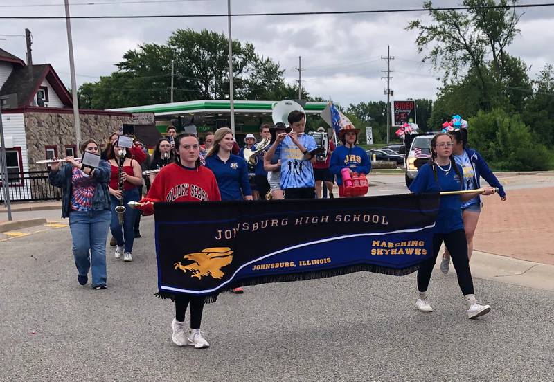 The Johnsburg High School Marching Skyhawks participate in the Johnsburg Memorial Day parade Monday May 27, 2024.