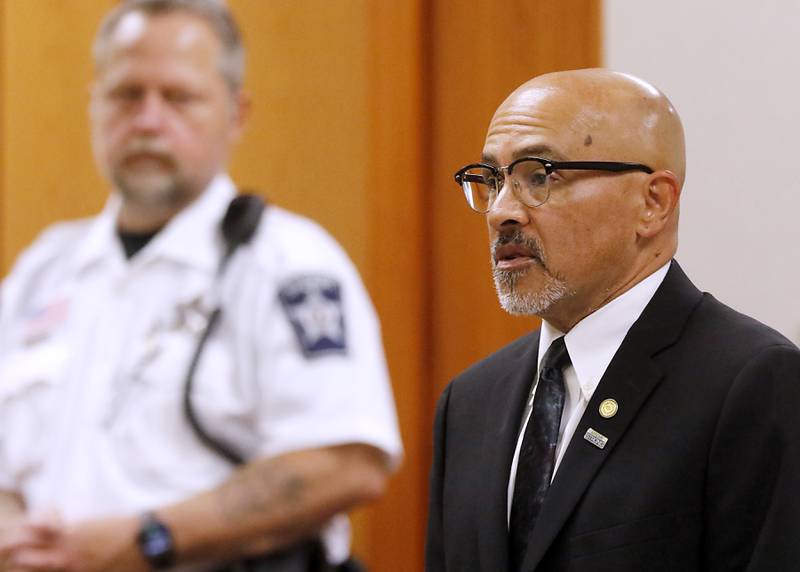 Carlos Acosta address the court on Thursday, June 6, 2024, during his sentencing hearing before Lake County Judge George Strickland. Acosta, a former Illinois Department of Children and Family Services employee, who was found criminally guilty for mishandling the case of AJ Freund before the Crystal Lake boy was killed by his mother, as sentenced to six months in jail and 30 months of probation.