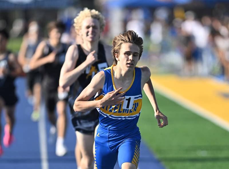 Joliet Central's Nathaniel Gabriel wins the heat in the 800 meters during the IHSA 3A Sectional track meet  on Friday, May. 17, 2024, at Joliet.