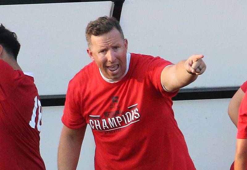 Streator head boys soccer coach J.T. Huey coaches his team against Bloomington Central Catholic on Wednesday, Aug. 23, 2023 at St. James Street Recreation Area in Streator.