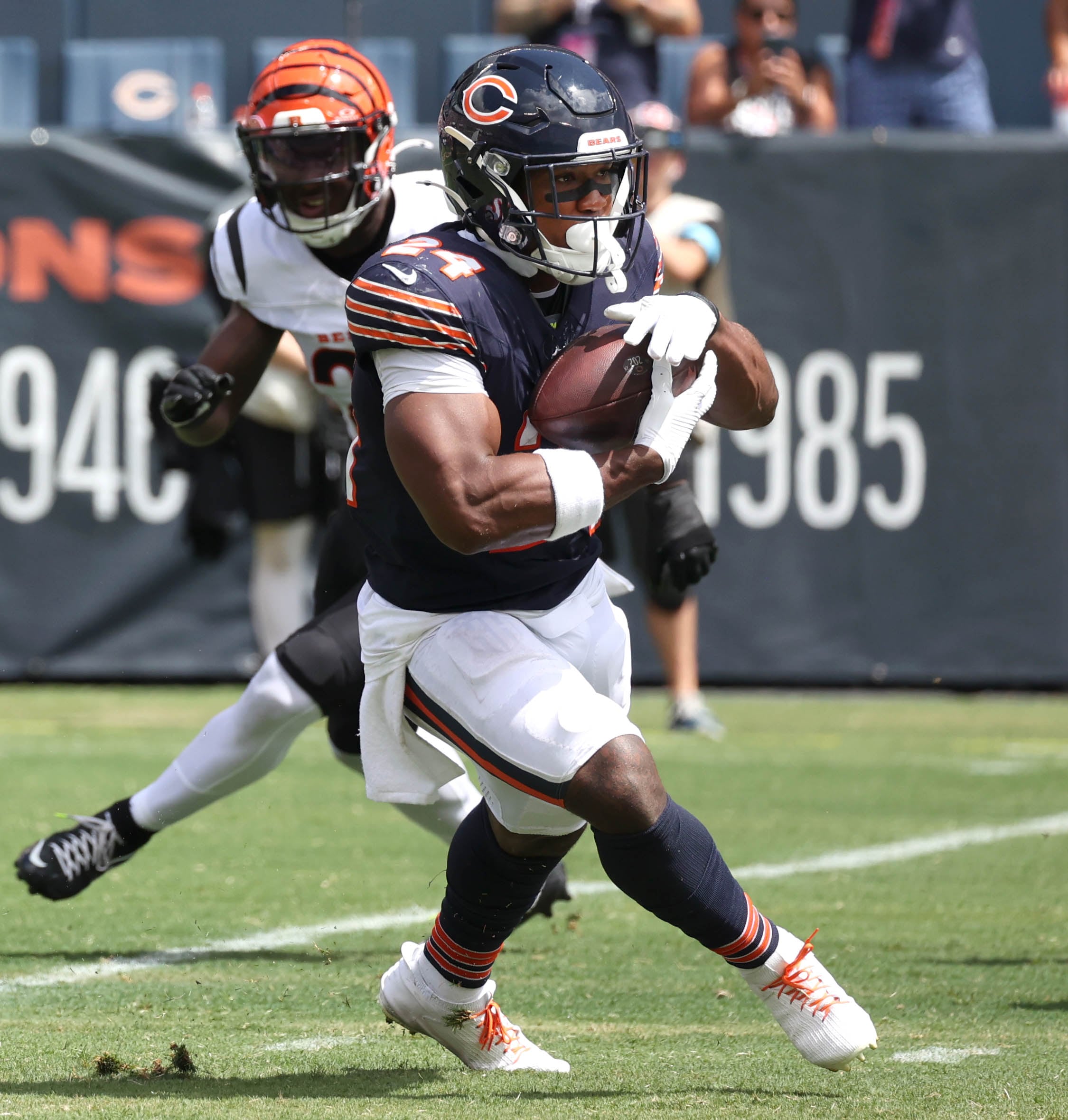 Chicago Bears running back Khalil Herbert carries the ball during their game Saturday, Aug. 17, 2024, against the Cincinnati Bengals at Soldier Field in Chicago.