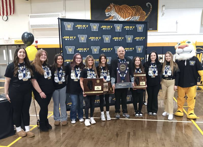 The state champion Joliet West girls bowling team is celebrated Sunday, Feb. 18, 2024, at the school during a rally after winning the title earlier in the weekend in Rockford.