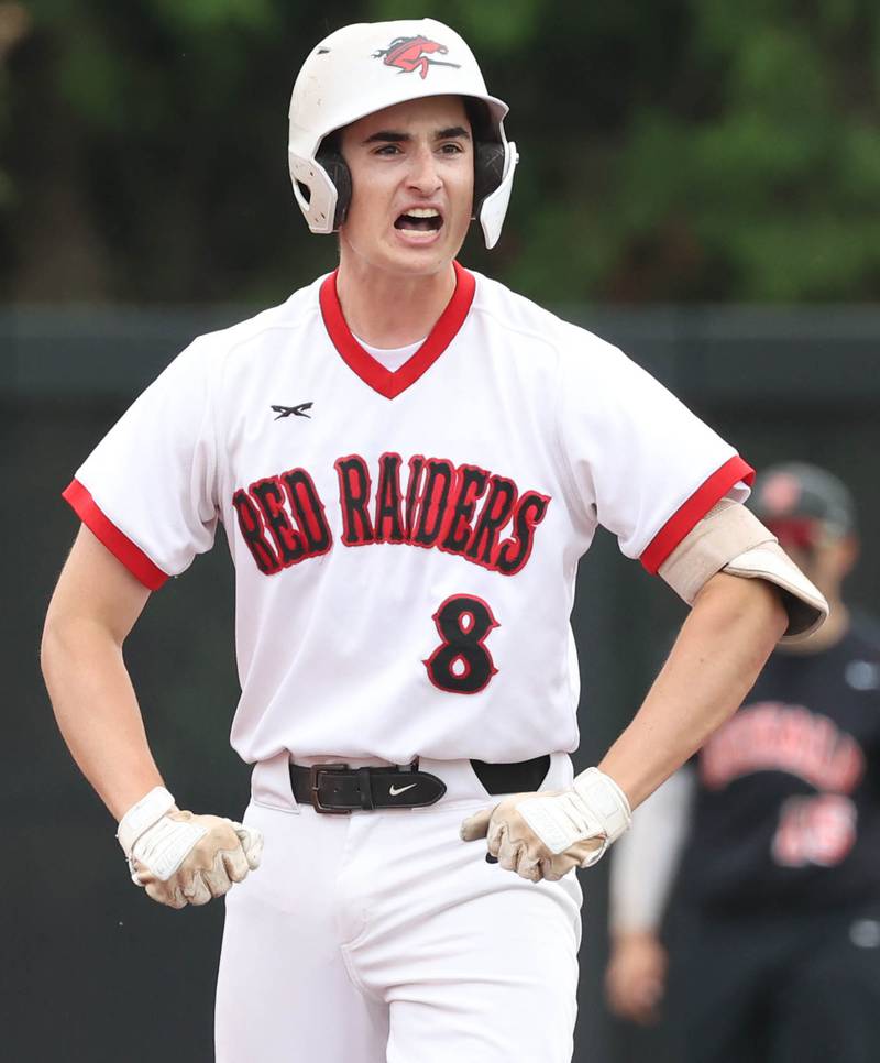 Huntley's Ryan Dabe is fired up after hitting a double during their Class 4A DeKalb Regional championship game against DeKalb Friday, May 24, 2024, at Ralph McKinzie Field at Northern Illinois University in DeKalb.