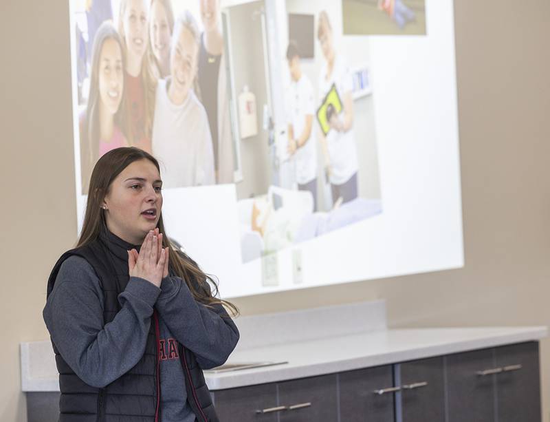 SVCC student ambassador Holli Miller of Dixon speaks to high school students and their parents Monday, Feb. 19, 2024, about why she chose to attend the school.