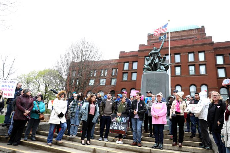 A crowd gathered on the steps of the Kane County Courthouse in Geneva during a rally in support of women’s rights on Tuesday, May 3, 2022.