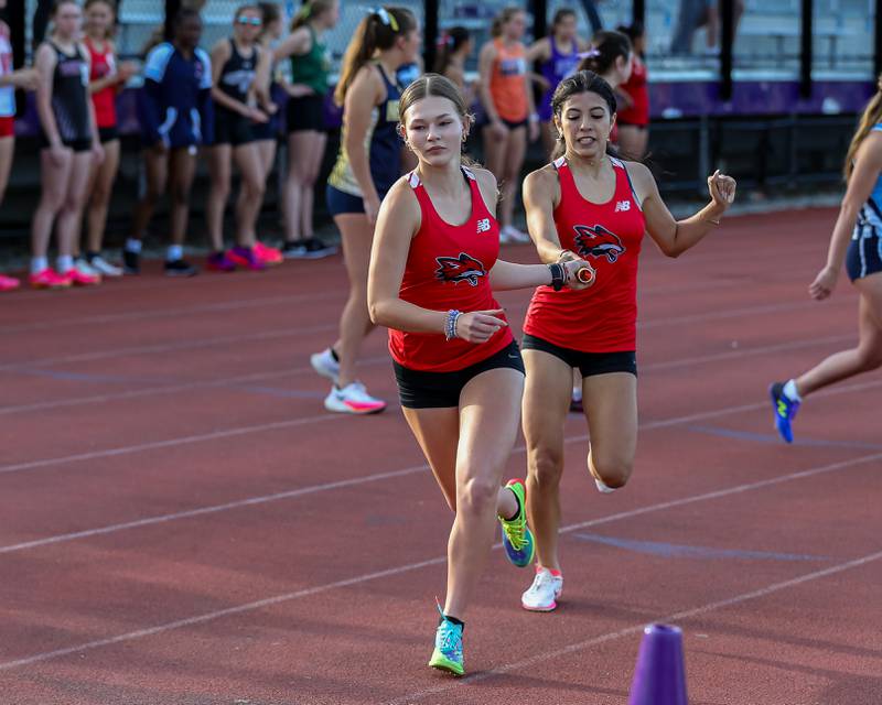 Yorkville competes in the 4x800-meter relay at Friday's Class 3A Downers Grove North Sectional Girls Track and Field meet.