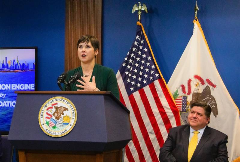 Alaina Harkness, the executive director of the water tech nonprofit Current, appears at a Chicago news conference on Tuesday with Gov. JB Pritzker. Current will receive about $15 million over two years from the National Science Foundation, with up to $160 million over 10 years.