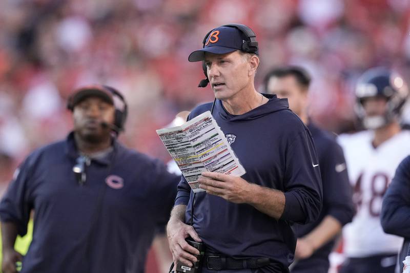 Chicago Bears head coach Matt Eberflus watches from the sidelines during the second half against the Kansas City Chiefs Sunday, Sept. 24, 2023, in Kansas City, Mo.
