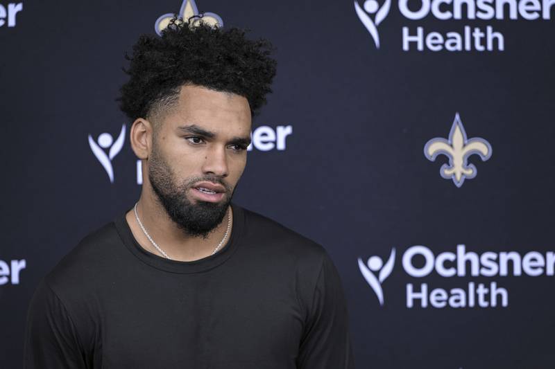 New Orleans Saints wide receiver Chris Olave (12) during a post practice press conference. New Orleans Saints practice at the London Irish Facility, Sunbury on Thames, UK on Wednesday, Sept. 28 2022 in London. (AP Photo/Ant Upton)