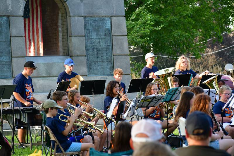 The percussion section and trumpets perform a number Sunday, July 14, 2024, in the youth band's concert in Princeton.