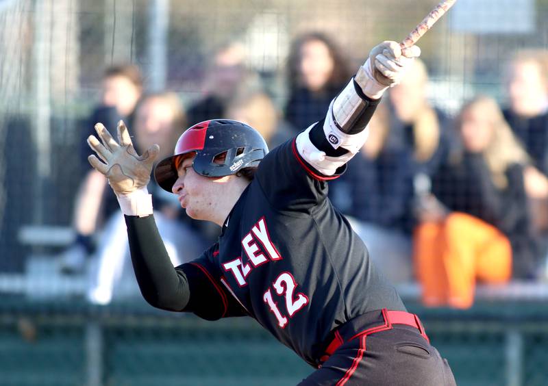 Huntley’s AJ Putty makes contact in varsity baseball at Cary Wednesday night.