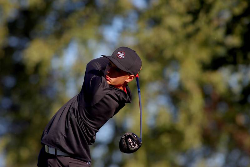 Huntley’s Austin Matich tees off on 6 in Cary-Grove High School 2024 Invitational varsity golf action on Saturday, Sept. 7, 2024, at Foxford Hills Golf Club in Cary.