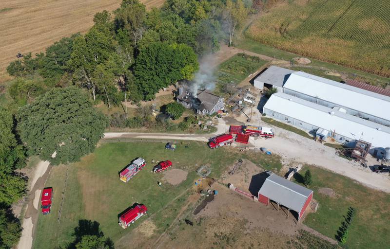 Smoke billows from a home in the 1300 block of 2500 East Street on Tuesday, Sept. 17, 2024 in rural Princeton Fire departments from eastern Bureau County were called to the scene just before 9:30a.m.