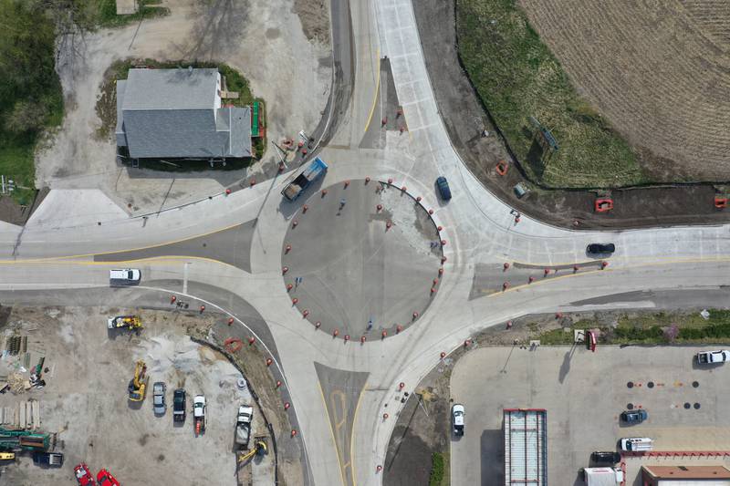 Motorists drive through the roundabout at the intersection of  Illinois Route 178 and Illinois Route 71 on Wednesday, April 19, 2023 in Utica. IDOT temporary converted traffic to use the circle while crews can work in the center. All lanes will remain open but motorists will have to yield to traffic prior to entering the roundabout. The project is scheduled to be completed by mid-June.