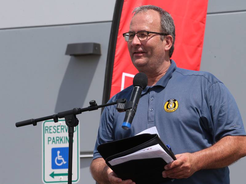 Peru mayor Ken Kolowski speaks during a grand opening celebration at the GAF facility on Tuesday, July 16, 2024 in Peru.