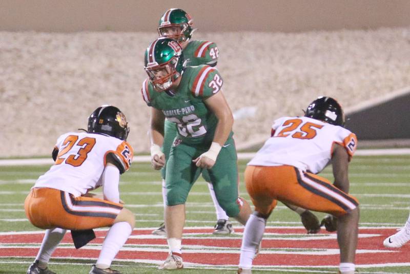 L-P's Cameron Olivero lines up to the line of scrimmage against United Township on Friday, Aug. 30, 2024 at Howard Fellows Stadium.