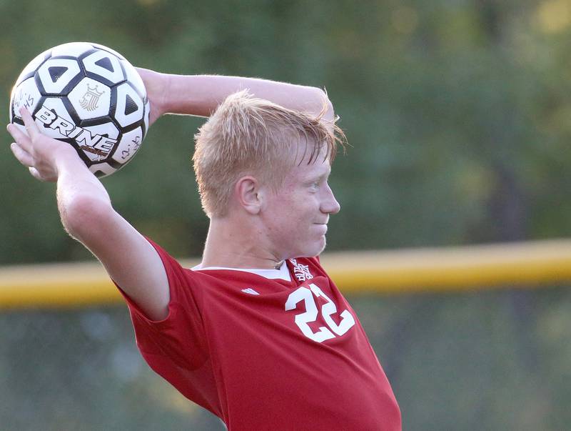 Streator's Connor Decker throws the ball in play against Bloomington Central Catholic on Wednesday, Aug. 23, 2023 at St. James Street Recreation Area in Streator.