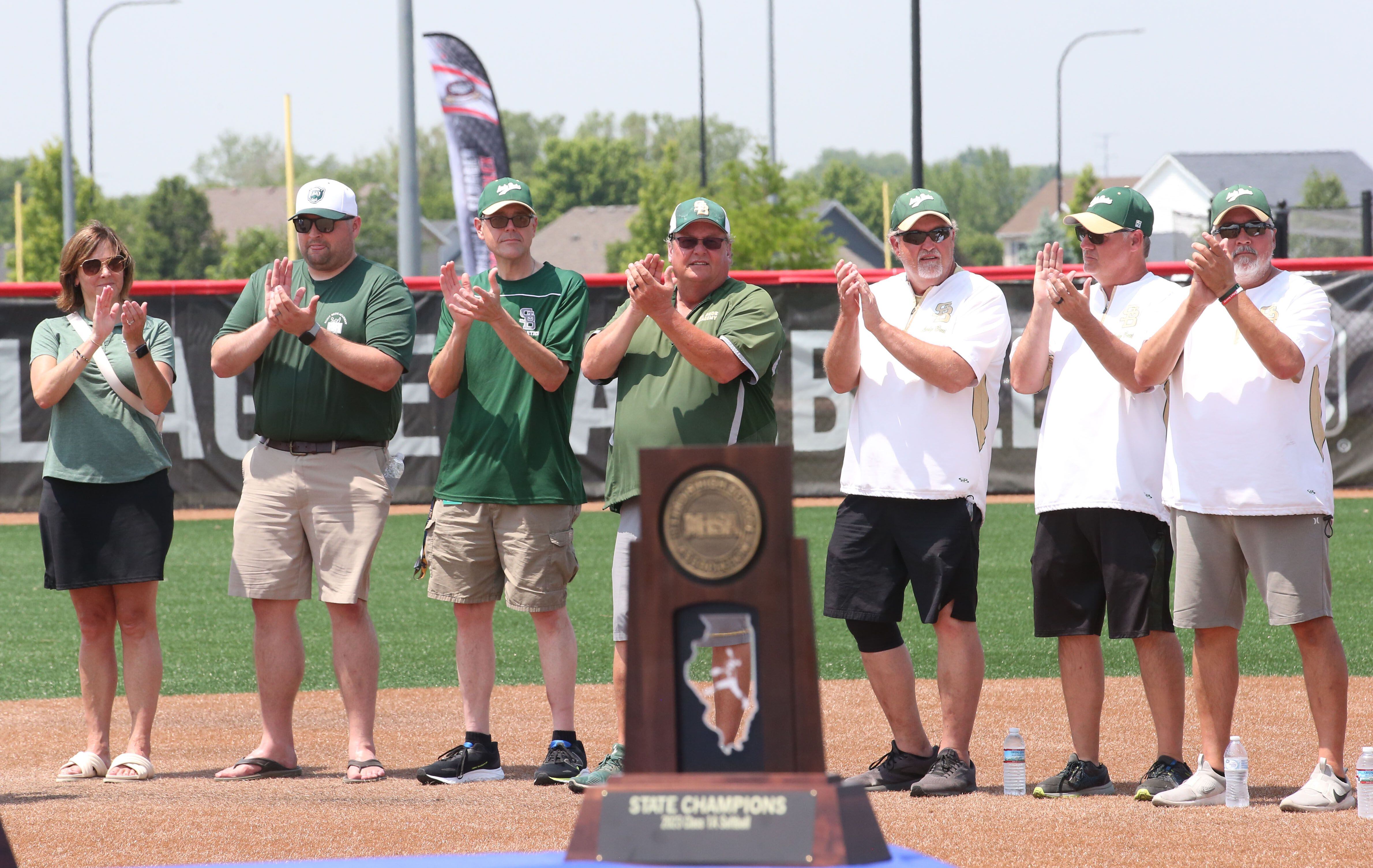 St. Bede administration and coaches applaud after the Bruins won the Class 1A state championship over Illini Bluffs on Saturday, June 3, 2023 at the Louisville Slugger Sports Complex in Peoria.