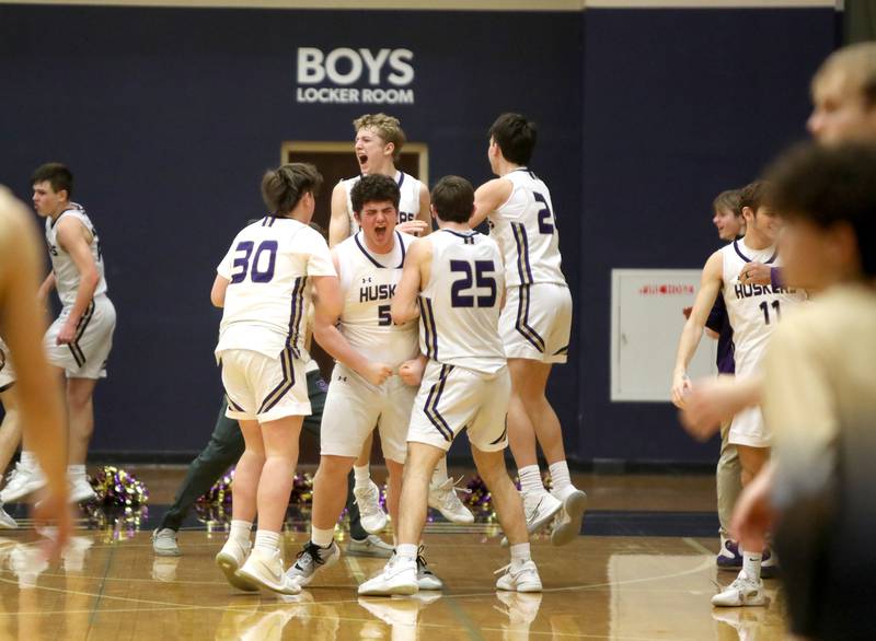 Serena players celebrate following their Class 1A Harvest Christian Academy Sectional semifinal game win over Harvest Christian Academy on Wednesday, Feb. 28, 2024 in Elgin.