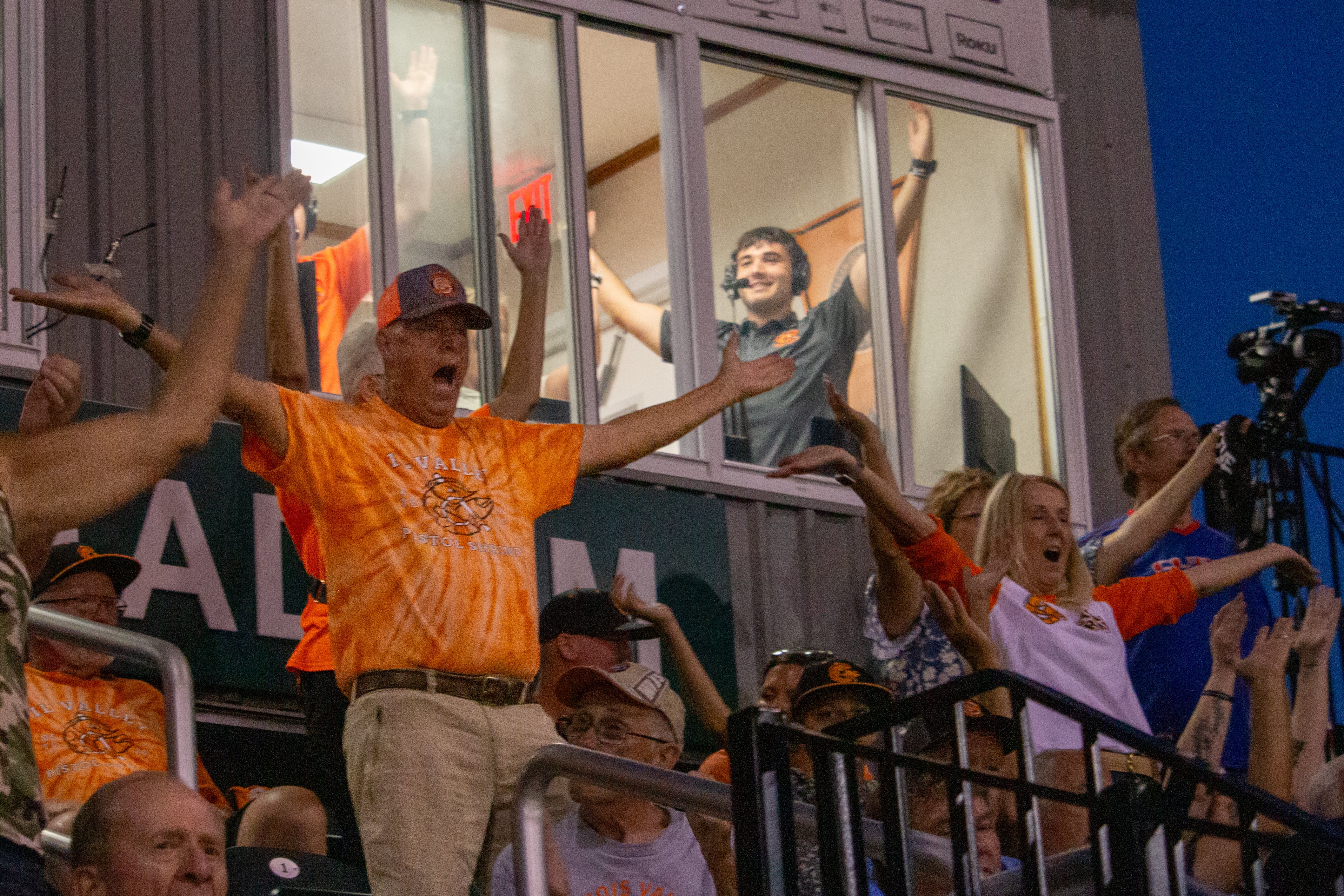 Fans at the Illinois Valley Pistol Shrimp game perform the "YMCA" on Thursday, August 1, 2024, at Schweickert Stadium at Veterans Park in Peru.