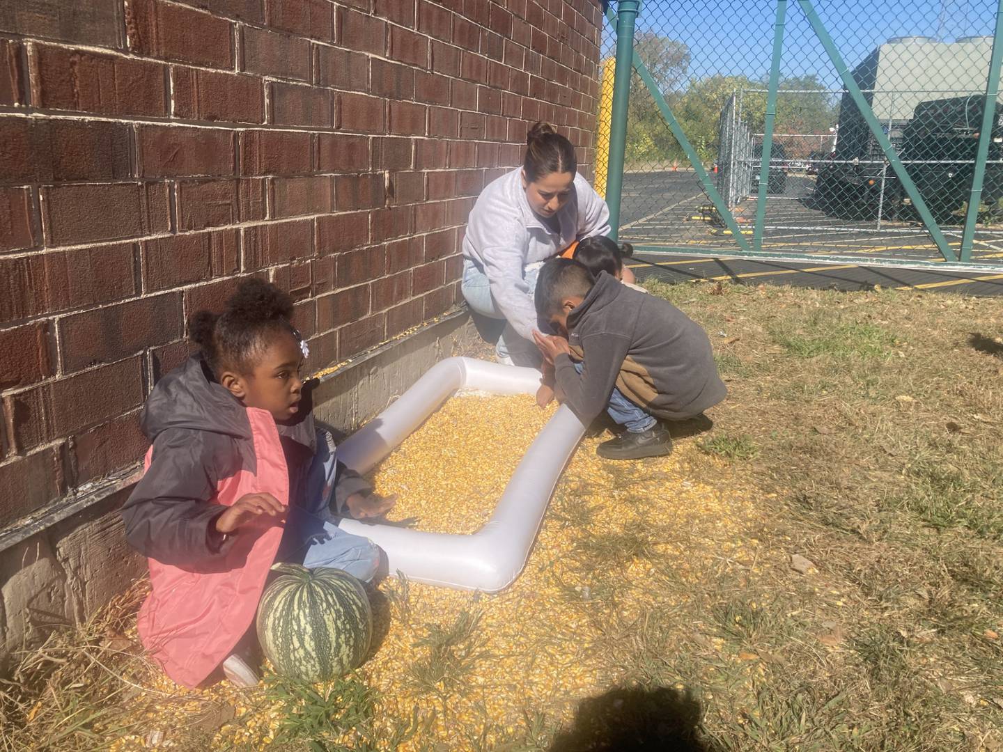 Student Andrea Waddell plays in the dried corn seeds after selecting a pumpkin at Sator Sanchez Elementary School in Joliet on Friday. Oct. 18, 2024. Local pumpkin farms and businesses donated supplies to set up then event for students.