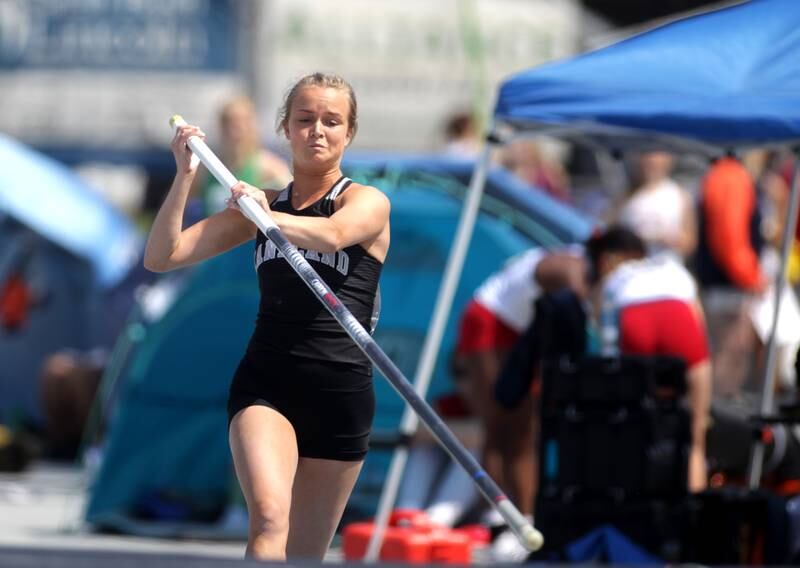 Kaneland’s Jessica Phillipp competes in the 2A pole vault during the IHSA State Track and Field Finals at Eastern Illinois University in Charleston on Saturday, May 20, 2023.