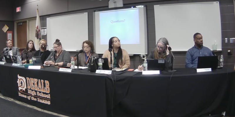 A new employee proposed for DeKalb High School would help address truancy, safety and alleviate overburdened office staff if approved by the DeKalb District 428 school board, district officials said this week. (Screenshot of District 428 school board Nov. 1, 2022 livestream by Shaw Local News Network.)