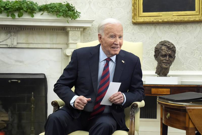 President Joe Biden listens as he meets with NATO Secretary General Jens Stoltenberg in the Oval Office at the White House, Monday, June 17, 2024. (AP Photo/Mark Schiefelbein)