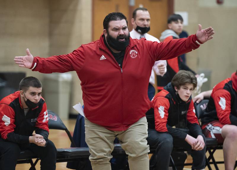 Huntley wrestling head coach Benjamin Bertelsman during the match against Crystal Lake Central on Thursday, January 27, 2022 at Huntley High School.