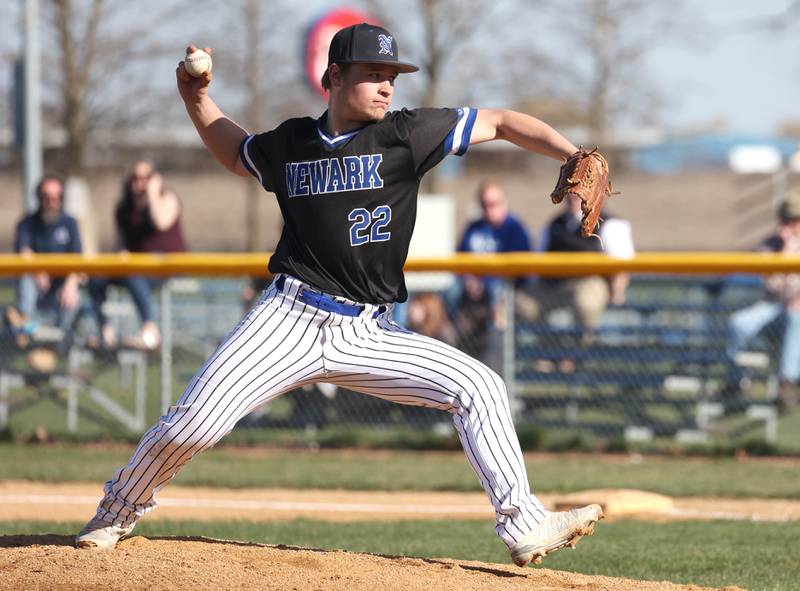 Newark's Jackson Walker delivers a pitch Monday, April 8, 2024, during their game at Hinckley-Big Rock High School.