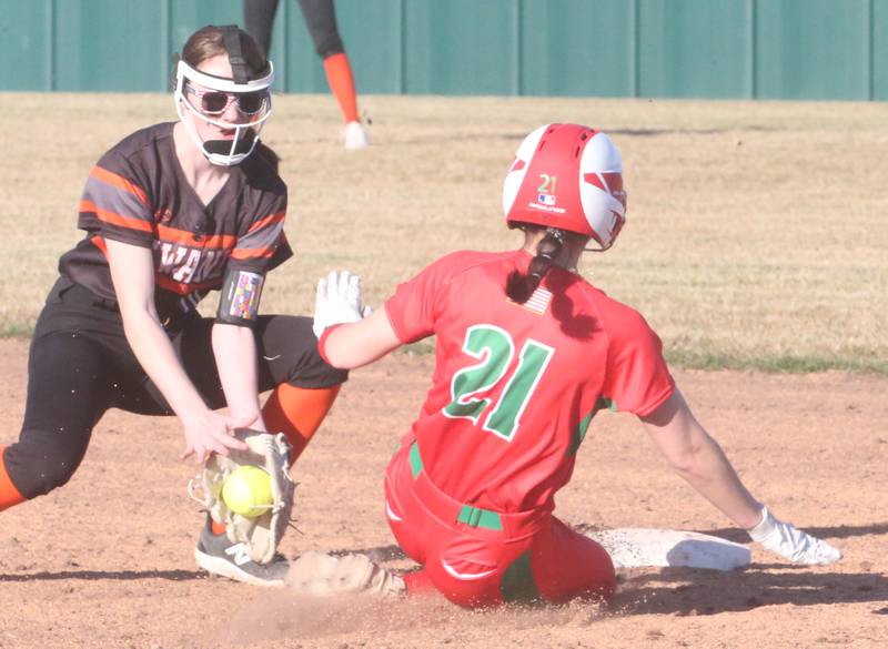 L-P's Anna Riva slides safely into second base as Kewanee's Cheyanne Rodgers misses the tag on Monday, March 11, 2024 at the L-P Athletic Complex in La Salle.