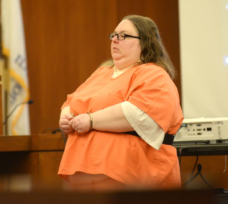 Sarah Safranek enters an Ogle County court room on Wednesday, Aug. 23, 2023 for a status hearing. She is charged with killing her  7-year-old son, Nathaniel.