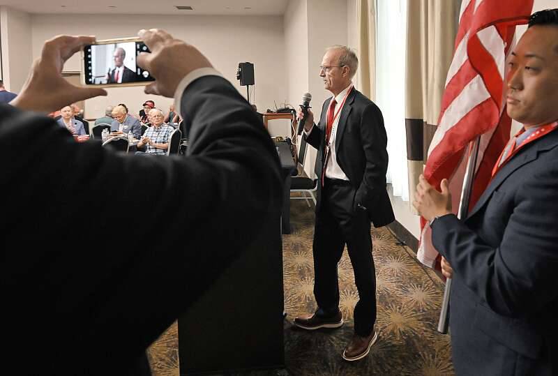 Don Tracy, outgoing chairman of the Illinois Republican Party, speaks during Monday's delegation breakfast meeting at the Comfort Suites Milwaukee Airport hotel