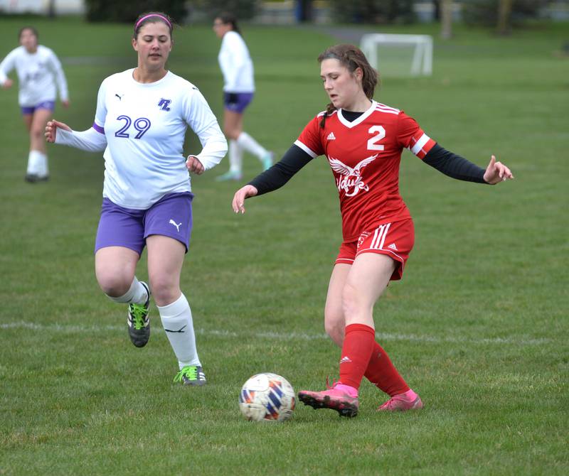 Oregon's Anna Stender (2) makes a pass against Rockford Lutheran on Thursday, April 4, 2024 at Oregon Park West.