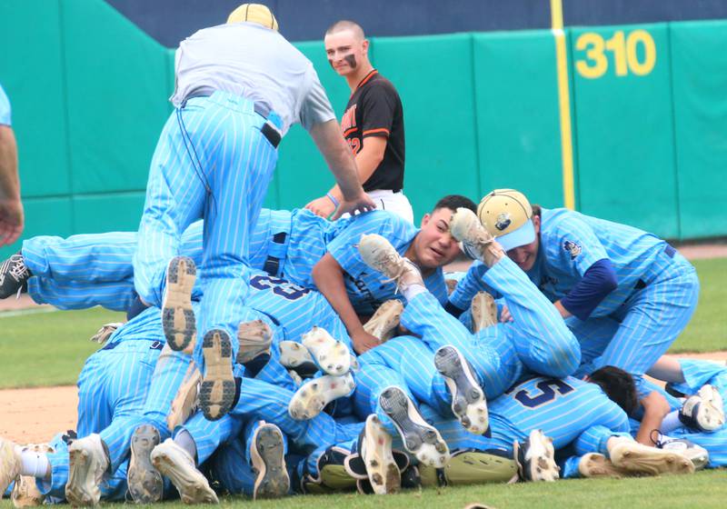 Marquette head baseball coach Todd Hopkins leaps on top of a pile of his players after defeating Altamont to win the Class 1A State championship title on Saturday, June 1, 2024 at Dozer Park in Peoria.
