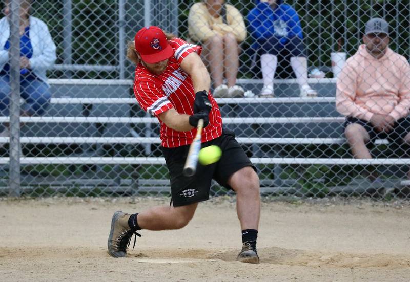 Jett Wedekind connects for a three-run homer to lift Malden Methodist to an 8-6 win in Tuesday's Princeton Park District Fastpitch League championship game opener Tuesday night at Westside Park.