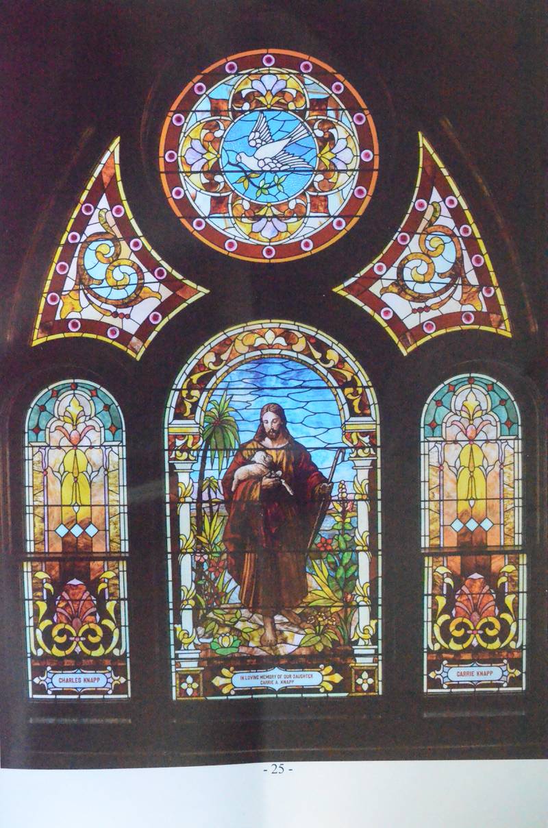 The Good Shepherd Window, a composite of six stained-glass windows at Church of the Good Shepherd United Methodist in Oswego, was donated in memory of the late Carrie Knapp by her parents, Charles and Karoline Shoger Knapp.