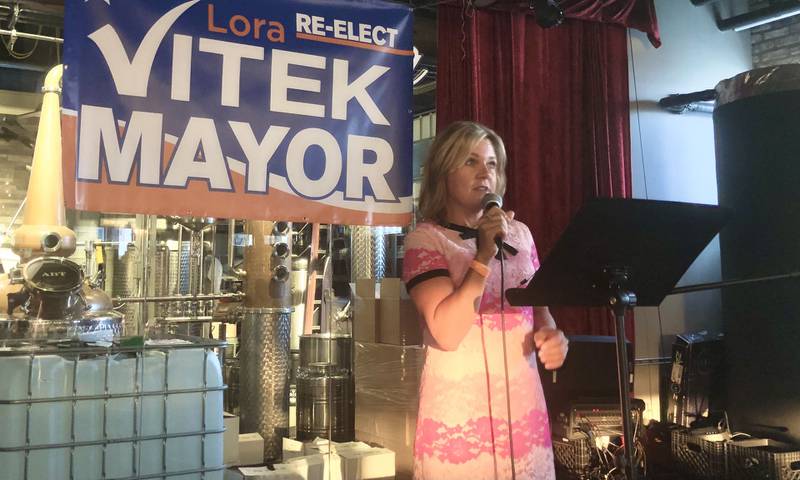 St. Charles Mayor Lora Vitek speaks at a campaign event on Aug. 21, 2024, at Pollyanna Brewing Company in St. Charles, announcing her bid to run for reelection in 2025.