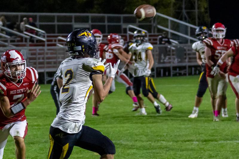 Jackson Tegeler of Riverdale attempts to catch pass on Friday, October 18, 2024 at Richard Nesti Stadium in Spring Valley.