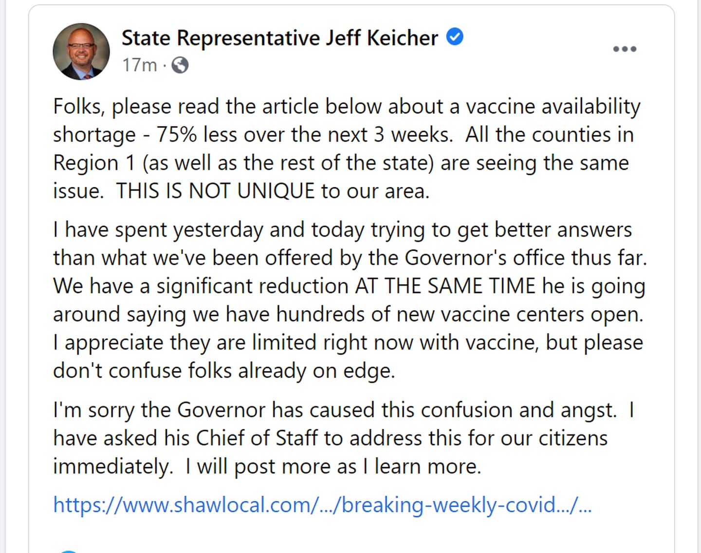 State Rep. Jeff Keicher. R-Sycamore, posted strong sentiments Friday on Facebook regarding the announcement that COVID-19 vaccine supply would be slashed by 75% in DeKalb County for the next three weeks. (Screenshot by Kelsey Rettke)