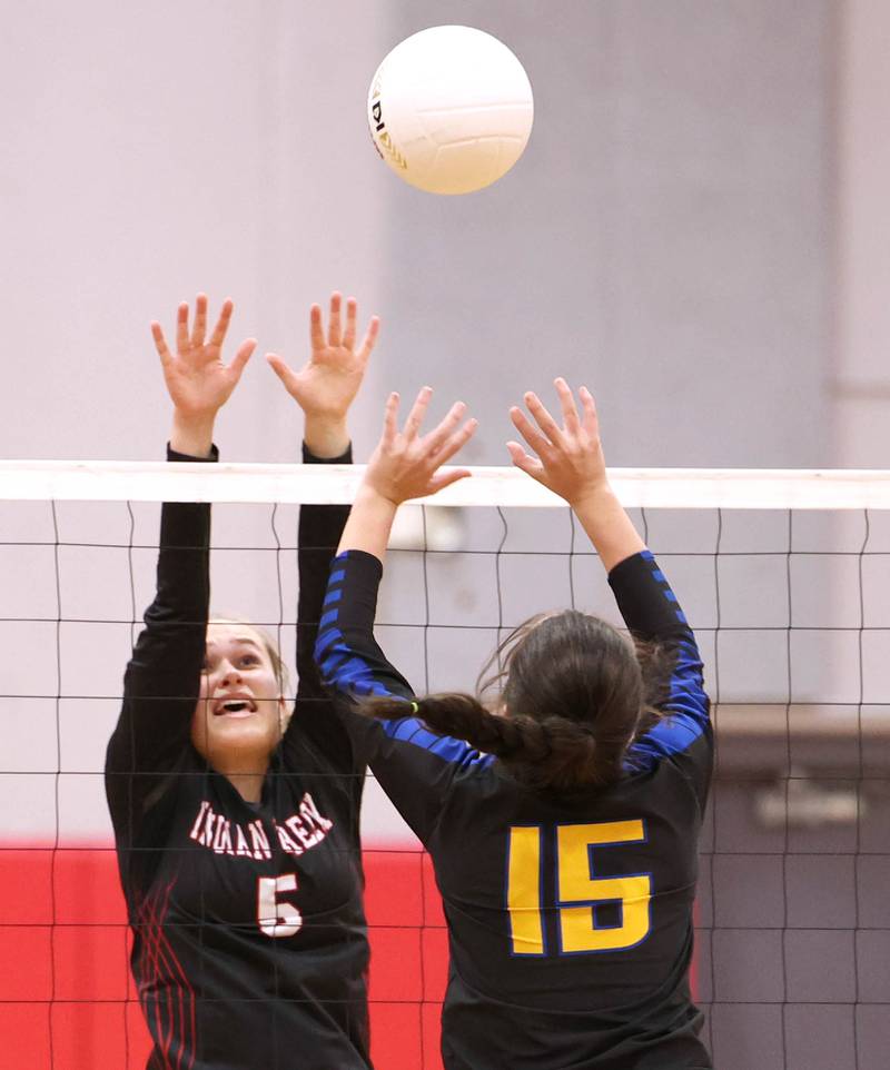 Indian Creek’s Alexa Anderson goes up to block Somonauk's Josie Rader during their regional first round match Tuesday, Oct. 25, 2022, at Aurora Christian High School in Aurora.