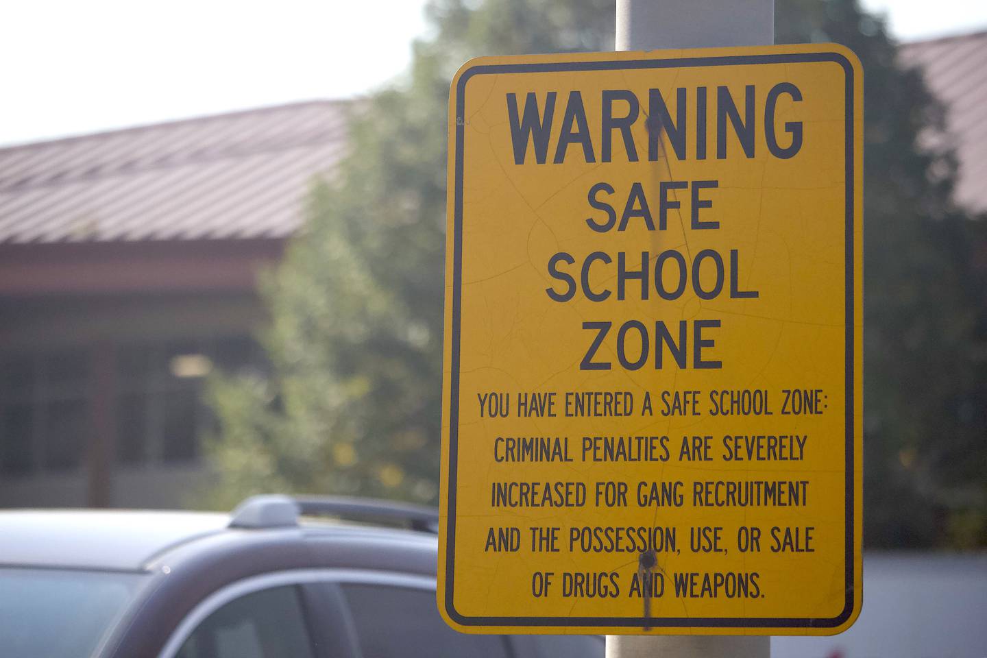 A school safe zone sign at Joliet West High School, 401 N. Larkin Ave., seen on Monday, Sept. 16, 2024 in Joliet.