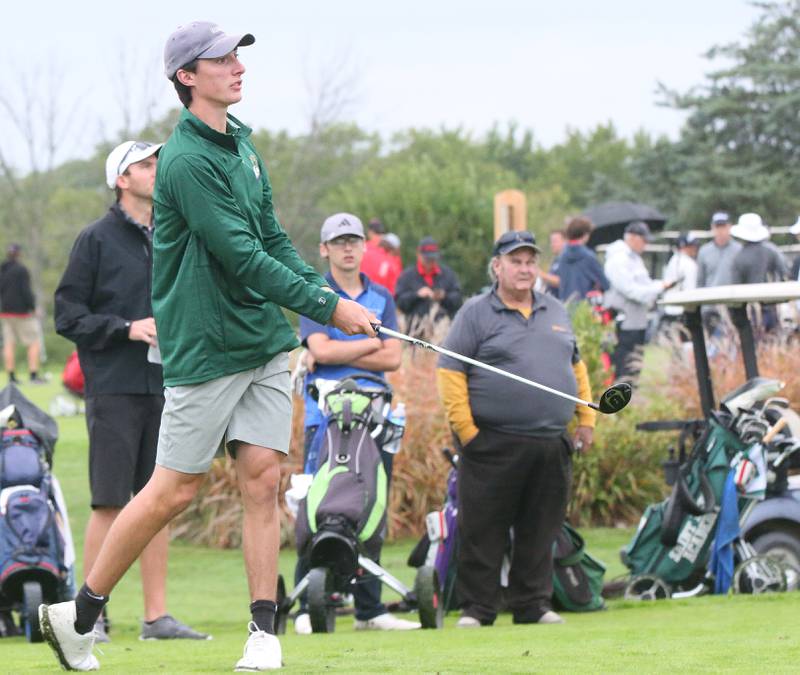 St. Bede's Ryan Slingsby tees off during the Class 1A Regional on Wednesday, Sept. 27, 2023 at Wolf Creek Golf Club in Pontiac.