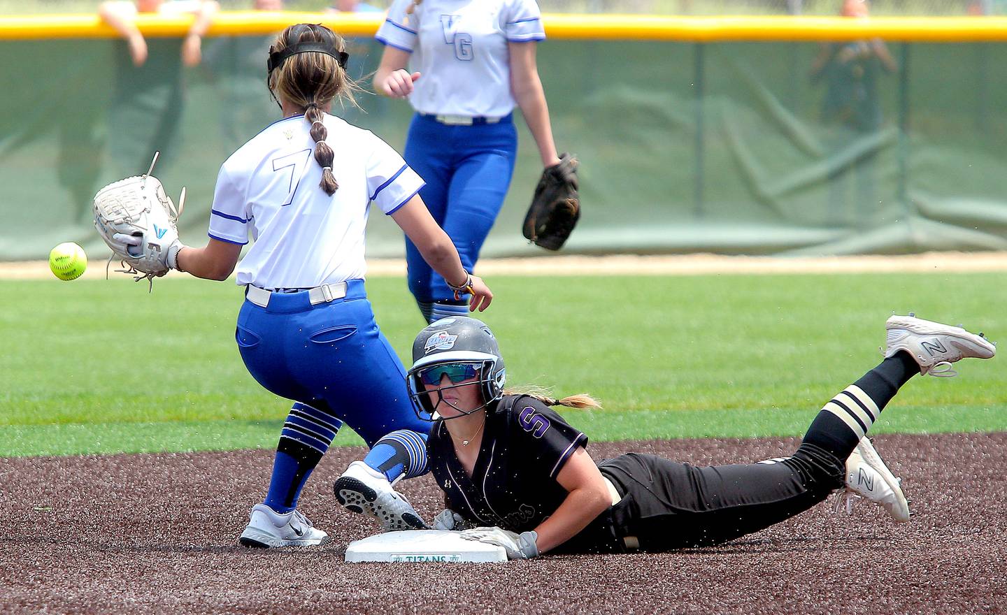 Serena's Brynley Glade beats the throw to second for a third-inning double against Villa Grove on Monday, May 27, 2024, in the Class 1A Illinois Wesleyan Supersectional on Inspiration Field at Carol Willis Park in Bloomington.